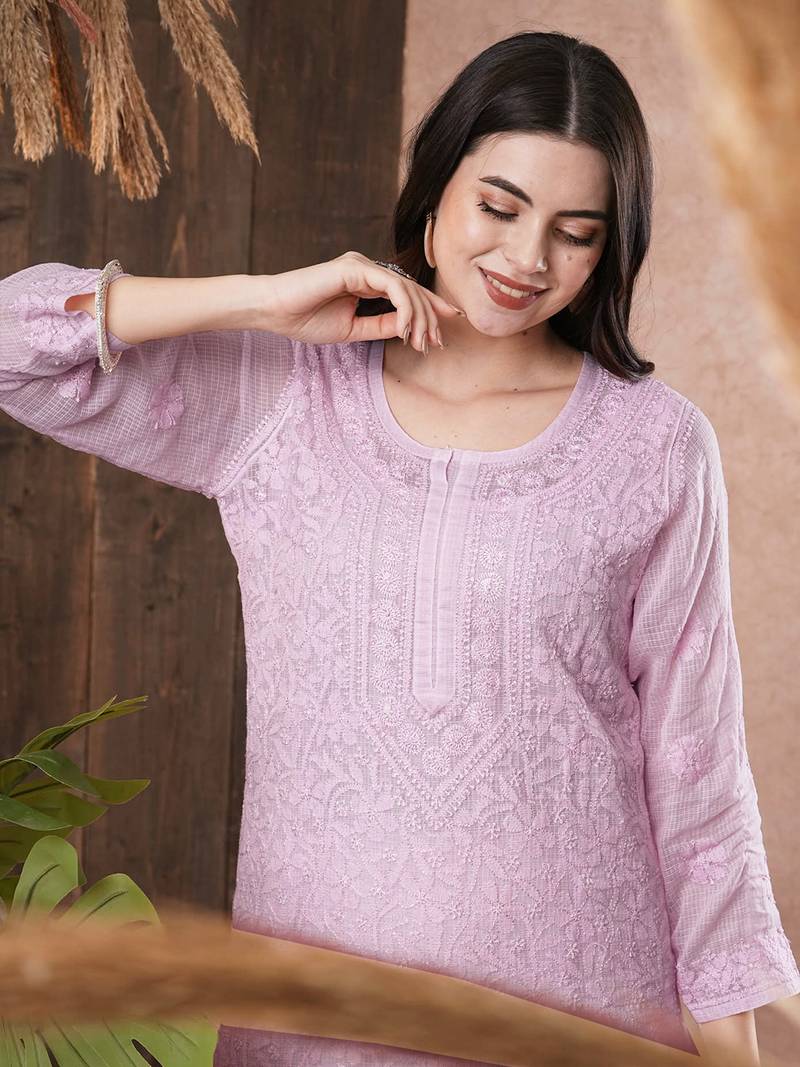 Hand Embroidered Mauve Kota Lucknow Chikankari Women Kurta With Slip