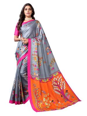 Grey printed cotton silk saree with blouse 1