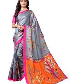 Grey printed cotton silk saree with blouse