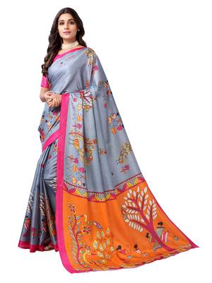 Grey printed cotton silk saree with blouse 2
