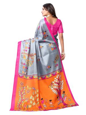 Grey printed cotton silk saree with blouse 3
