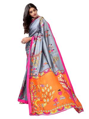 Grey printed cotton silk saree with blouse 4
