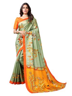 Green printed cotton silk saree with blouse 1