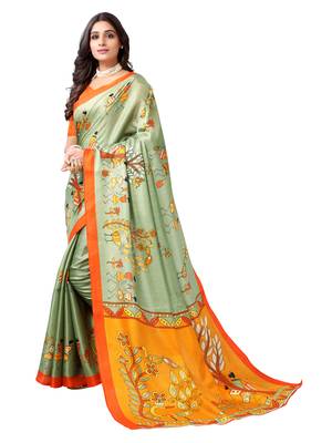 Green printed cotton silk saree with blouse 2
