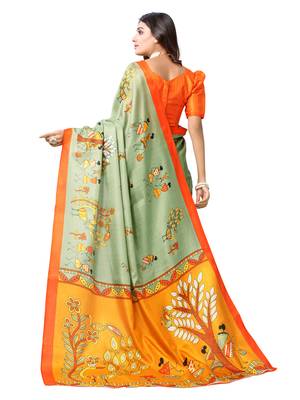 Green printed cotton silk saree with blouse 3