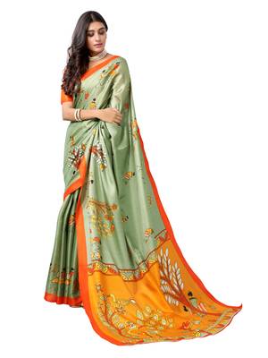Green printed cotton silk saree with blouse 4