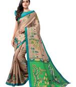 Beige printed cotton silk saree with blouse
