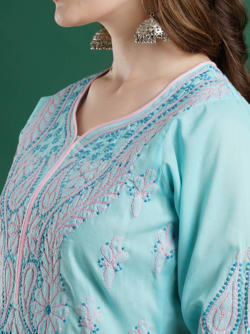 Hand Embroidered Blue Cotton Lucknow Chikankari Women Kurta