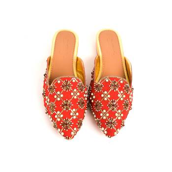 Red Nakkashi Embroidered Flat Mules 2