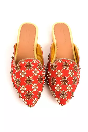 Red Nakkashi Embroidered Flat Mules