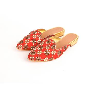 Red Nakkashi Embroidered Flat Mules 3