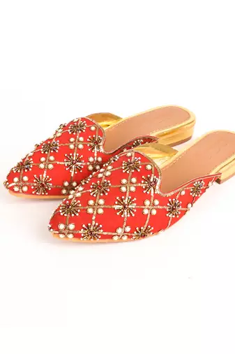 Red Nakkashi Embroidered Flat Mules