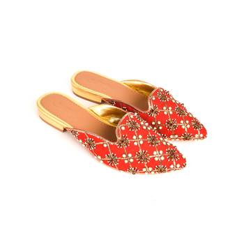 Red Nakkashi Embroidered Flat Mules 5