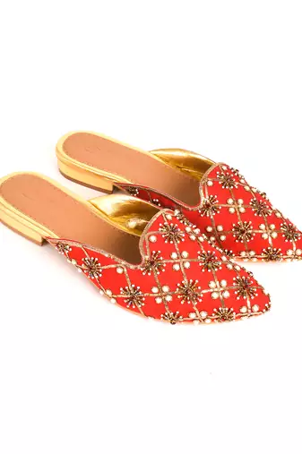 Red Nakkashi Embroidered Flat Mules
