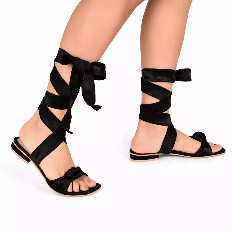 Plain Black Satin Tie Up Flats