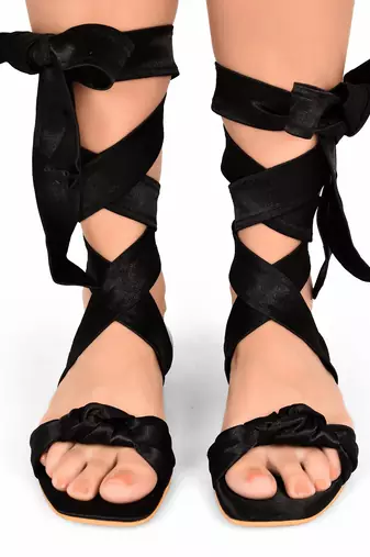 Black Satin Tie-Up Flats