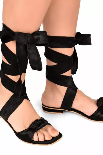 Black Satin Tie-Up Flats