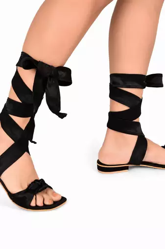 Black Satin Tie-Up Flats
