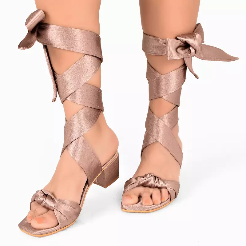 Plain Mauve Satin Block Heel Tie Up 