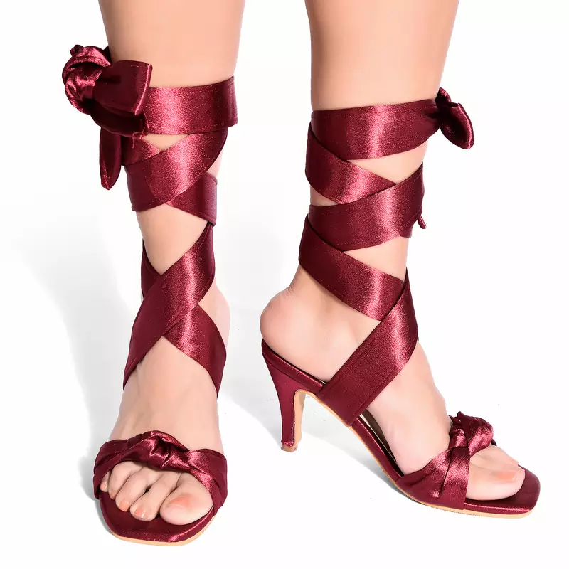 Plain Gem Stone Maroon Stain Tie Up Pencil Heel