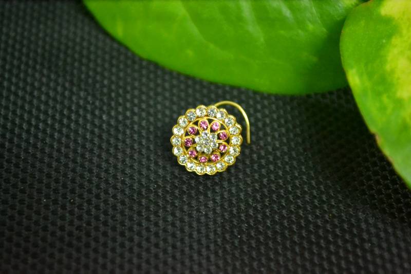 Pink Designer Gold Plated Multi diamond nosering or nose pin
