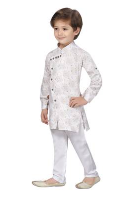 White printed cotton boys-kurta-pyjama 4