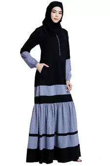 Designer maxi dress abaya- Black-Grey Dot