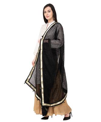 A R SILK Payal Pum Pum Black Colour Organza Cotton Regular Dupatta/Chunnis 3
