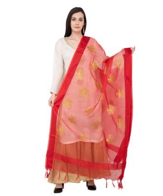 A R SILK Zari Embroidery Red Colour Tissue Fancy Dupatta/Chunnis 1