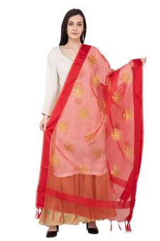 A R SILK Zari Embroidery Red Colour Tissue Fancy Dupatta/Chunnis