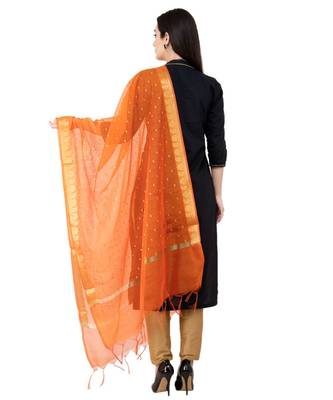 A R SILK Vanarasi Border Buti Orange Colour Chanderi Cotton Fancy Dupatta/Chunnis 2