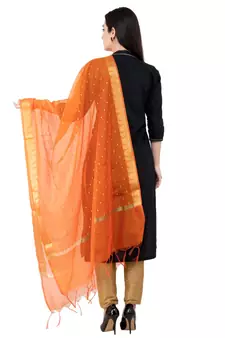 A R SILK Vanarasi Border Buti Orange Colour Chanderi Cotton Fancy Dupatta/Chunnis