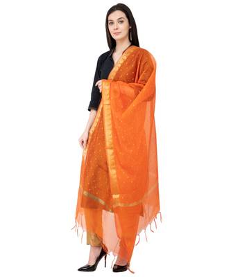 A R SILK Vanarasi Border Buti Orange Colour Chanderi Cotton Fancy Dupatta/Chunnis 3