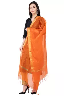 A R SILK Vanarasi Border Buti Orange Colour Chanderi Cotton Fancy Dupatta/Chunnis