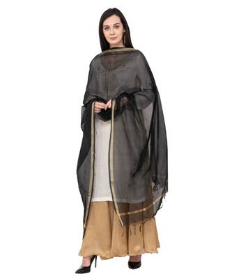 A R SILK Piping Border Black Colour Chanderi Cotton Regular Dupatta/Chunnis 1