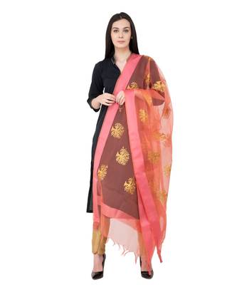 A R SILK Zari Embordary PEACH Colour Tissue Fancy Dupatta/Chunnis 1