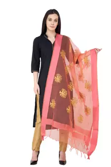 A R SILK Zari Embordary PEACH Colour Tissue Fancy Dupatta/Chunnis
