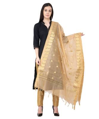 A R SILK Vanarasi Ambi Booti Golden Colour Chanderi Cotton Fancy Dupatta/Chunnis 1