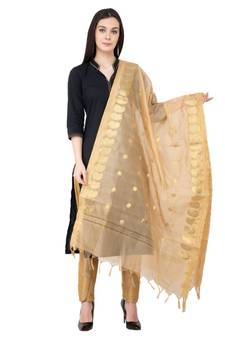 A R SILK Vanarasi Ambi Booti Golden Colour Chanderi Cotton Fancy Dupatta/Chunnis