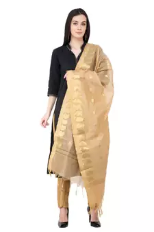 A R SILK Vanarasi Ambi Booti Golden Colour Chanderi Cotton Fancy Dupatta/Chunnis