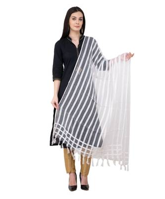 A R SILK Moti Luv Luv Stripe White Colour Cota Joot Cotton Regular Dupatta/Chunnis 1