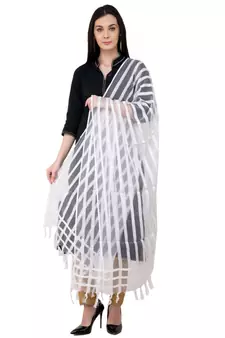 A R SILK Moti Luv Luv Stripe White Colour Cota Joot Cotton Regular Dupatta/Chunnis