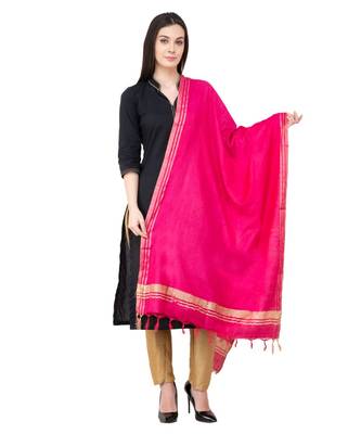 A R SILK Golden Border Dark Pink Colour Cotton Regular Dupatta/Chunnis 1