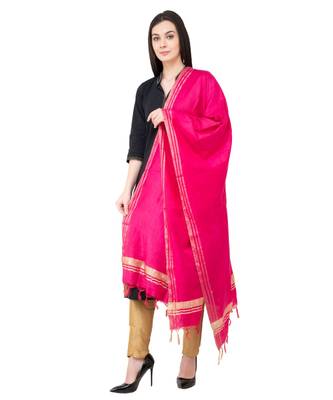 A R SILK Golden Border Dark Pink Colour Cotton Regular Dupatta/Chunnis 3