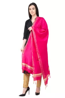A R SILK Golden Border Dark Pink Colour Cotton Regular Dupatta/Chunnis
