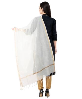 A R SILK Piping off White Colour Chanderi Cotton Regular Dupatta/Chunnis 2