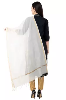A R SILK Piping off White Colour Chanderi Cotton Regular Dupatta/Chunnis