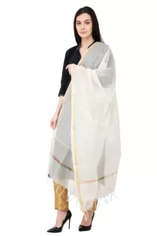 A R SILK Piping off White Colour Chanderi Cotton Regular Dupatta/Chunnis