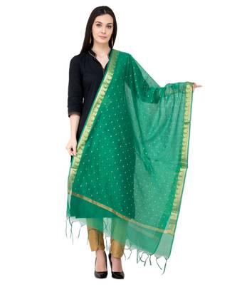 A R SILK Vanarasi Buti Border Green Colour Chanderi Cotton Fancy Dupatta/Chunnis 1