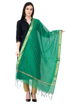 A R SILK Vanarasi Buti Border Green Colour Chanderi Cotton Fancy Dupatta/Chunnis